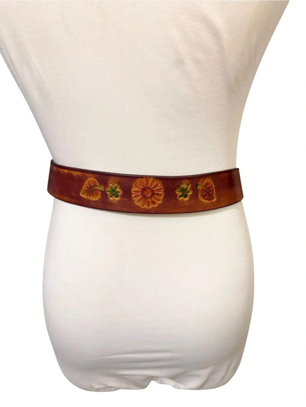 Vintage Hand-Tooled and dyed Brown Leather Floral Belt with Decorative Buckle